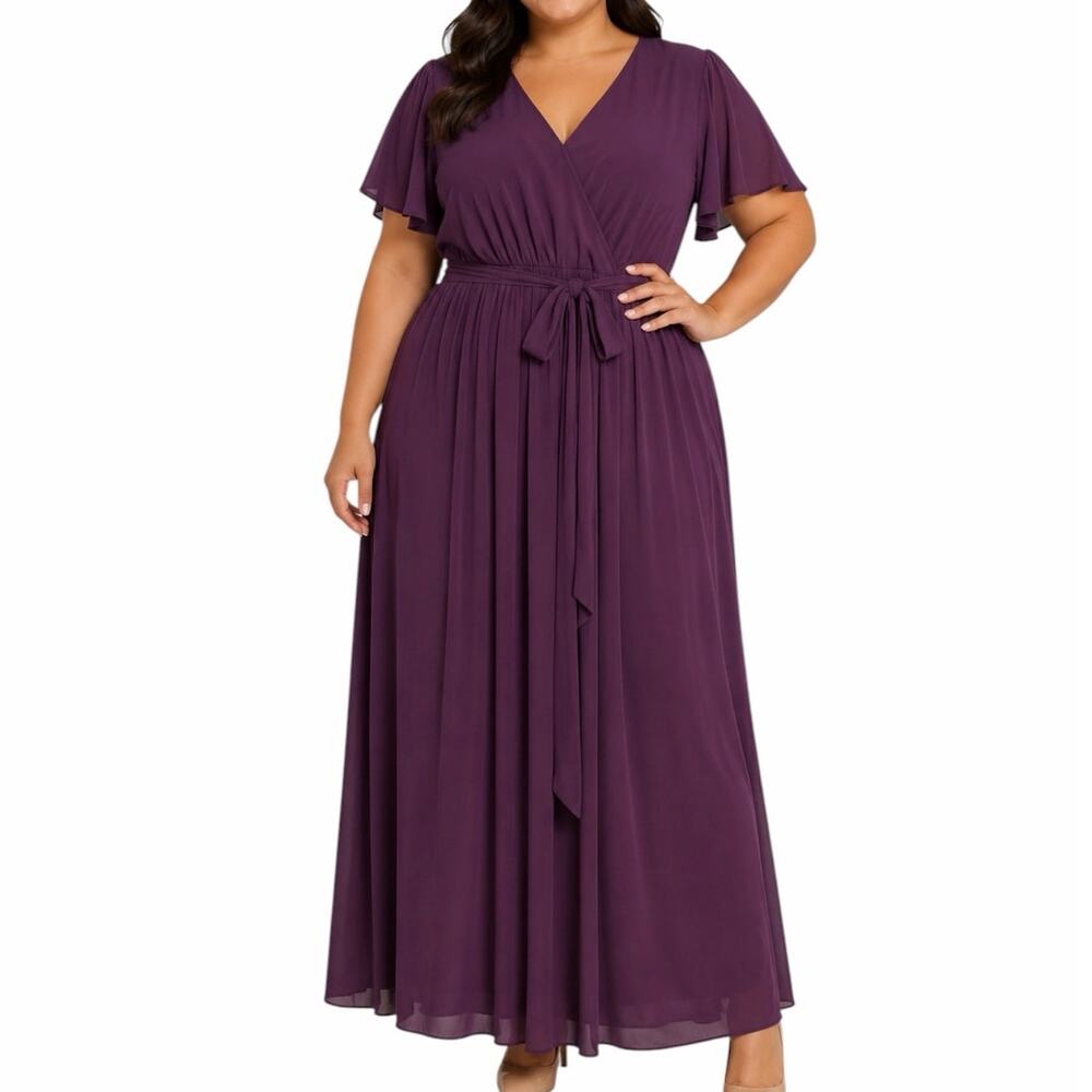 Baltic Born Maxi Dress 3XL Wrap V Neck Flutter Sleeve Belted Plum Purple Gown